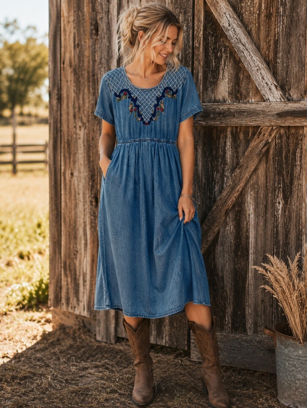 Jane Ashley Blue Denim Embroidered Short Sleeve Dress, 90s Cottagecore Look